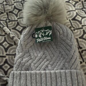Gray Knit Beanie with real fur Pom Pom